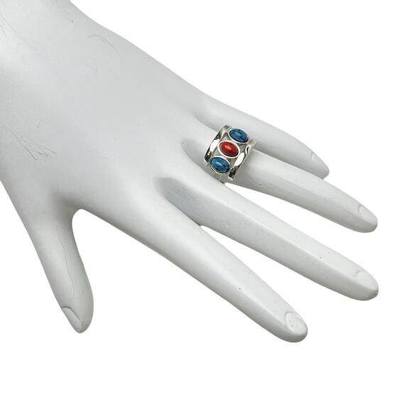 Sarah Coventry Indian Princess Ring Adjustable Red Blue Silver Tone Size 5.5 Vtg - Picture 2 of 8